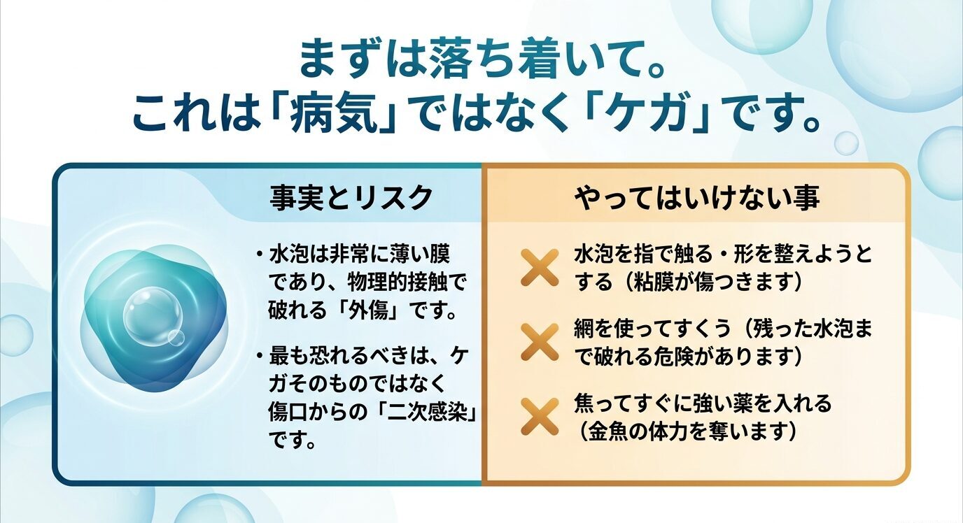 水泡眼の水泡破れは外傷であり、二次感染に注意しながら、水泡を触る・網ですくう・焦って強い薬を入れる行為を避けるべきことを示した図