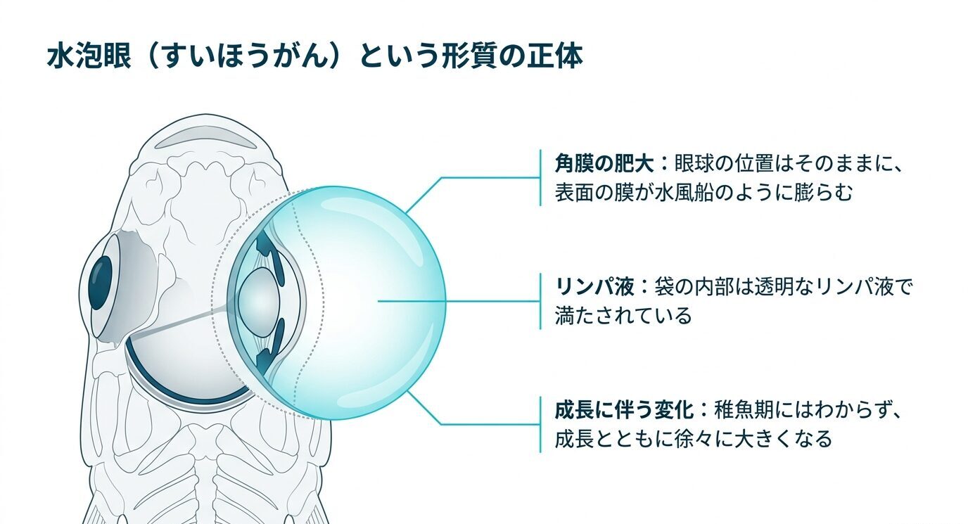 メダカの目の角膜が膨らみ、内部がリンパ液で満たされる水泡眼の構造を説明した図。