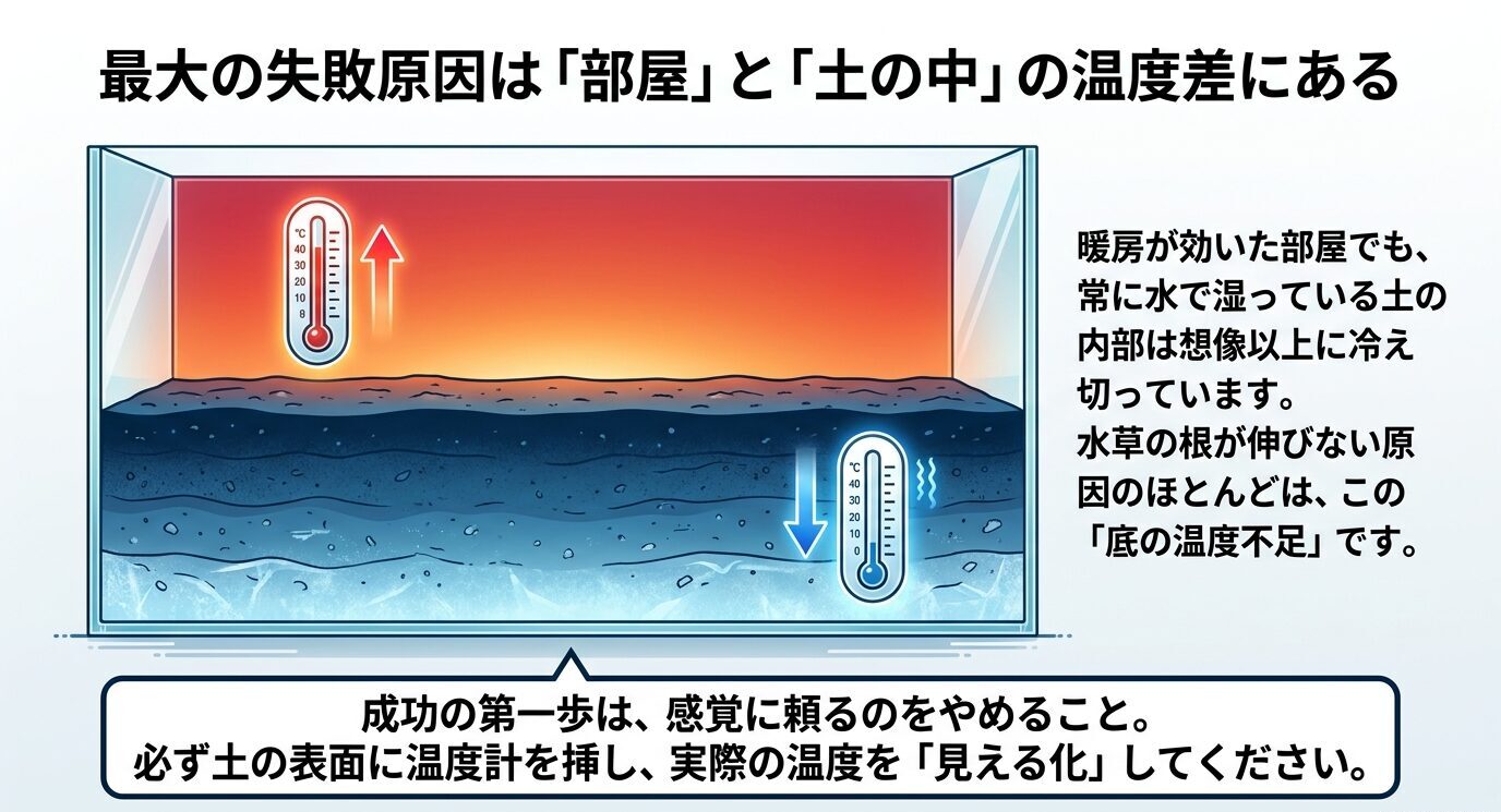 暖房が効いた部屋でも湿ったソイル内部は冷えやすく、水草の根が伸びない原因になることを示した図