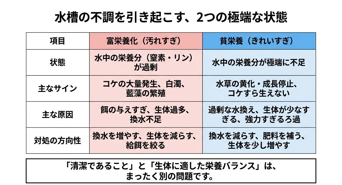 富栄養化は栄養過多、貧栄養は栄養不足であり、それぞれのサイン・原因・対処方法を比較した表