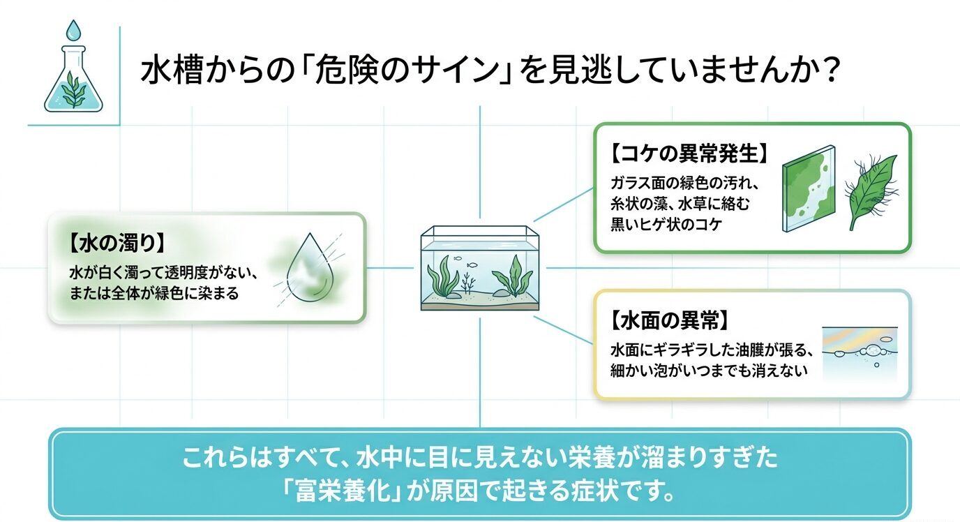 水の濁り、コケの異常発生、水面の油膜や消えない泡が、富栄養化によって起こる症状であることを示した図解