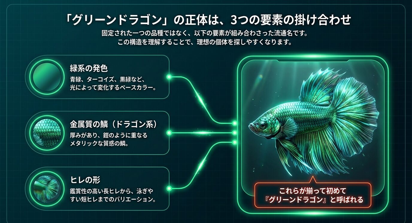 グリーンドラゴンが緑系の発色、金属質のドラゴン鱗、ヒレの形の3要素で呼ばれることを示した図