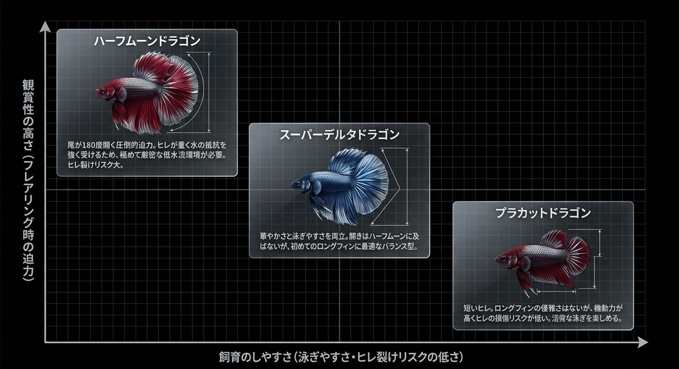 ハーフムーンドラゴン、スーパーデルタドラゴン、プラカットドラゴンを観賞性と飼育しやすさで比較した図
