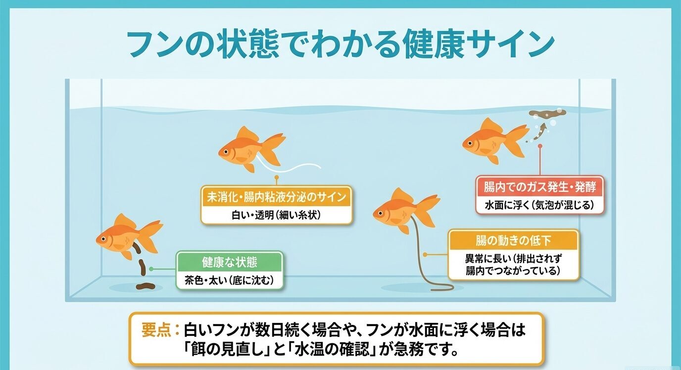金魚のフンの色や浮き沈みから、健康な状態、未消化、腸内ガス、腸の動きの低下を見分ける図
