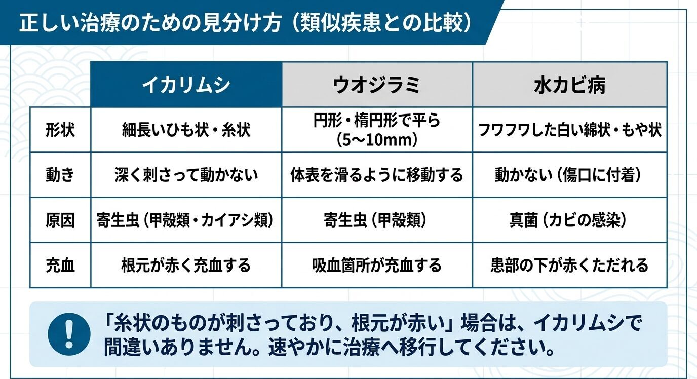 イカリムシ、ウオジラミ、水カビ病について、形状・動き・原因・充血の違いを比較した表