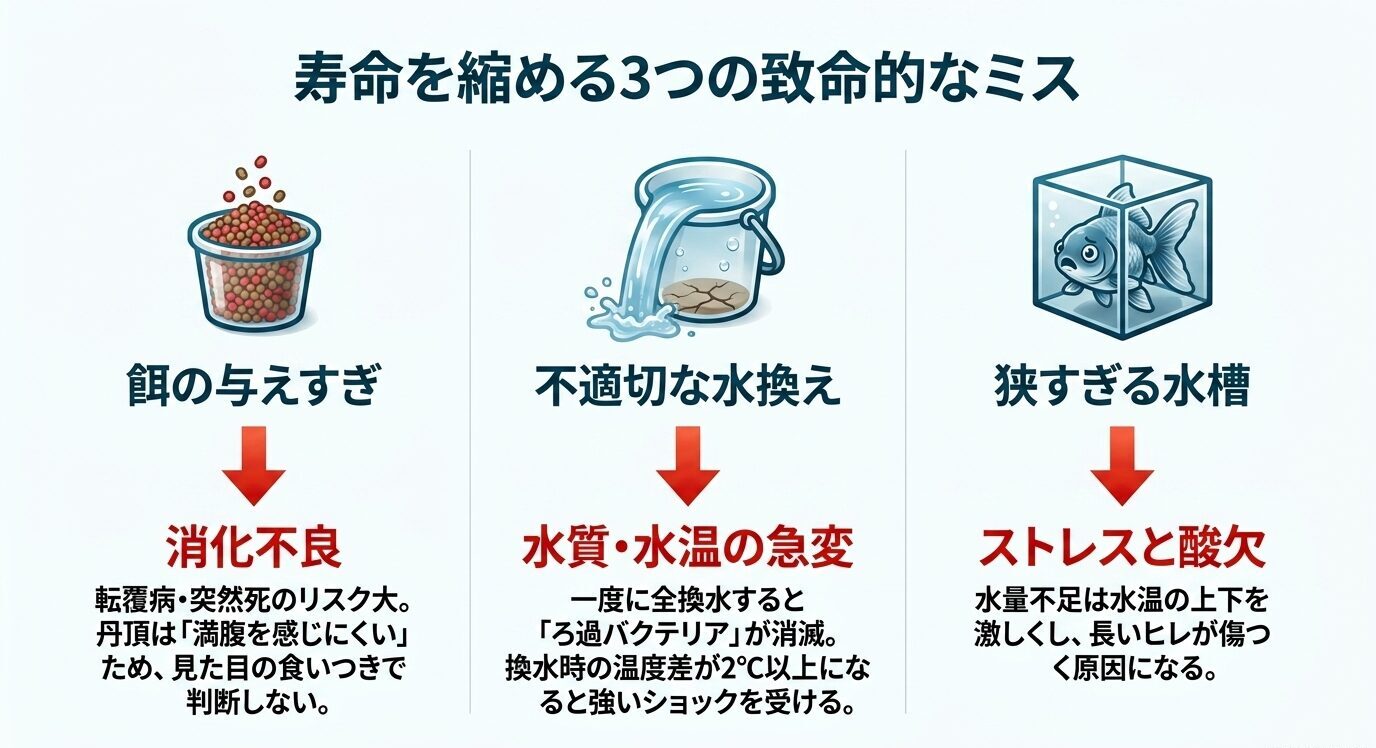 餌の与えすぎ、不適切な水換え、狭すぎる水槽が丹頂金魚の寿命を縮める原因になることを示した図