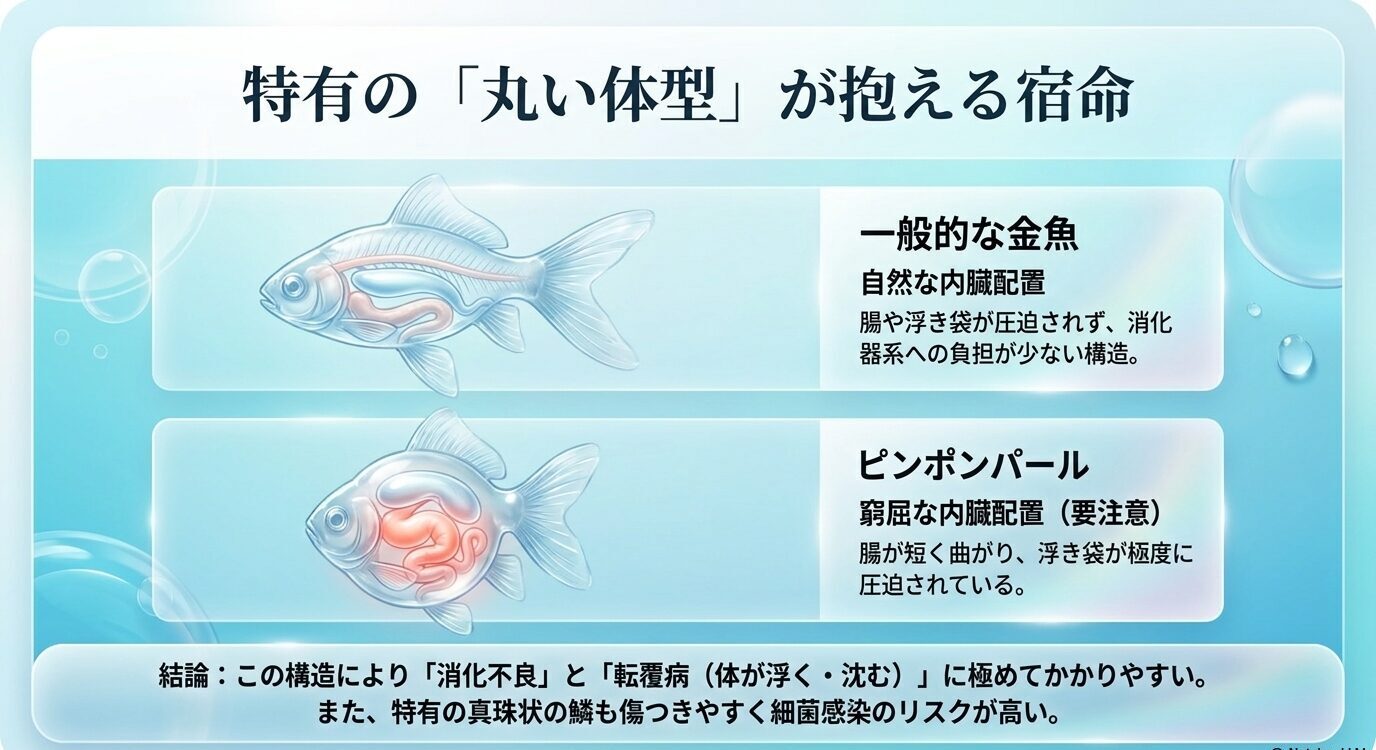 一般的な金魚とピンポンパールの内臓配置を比較し、消化不良や転覆病のリスクを示すスライ