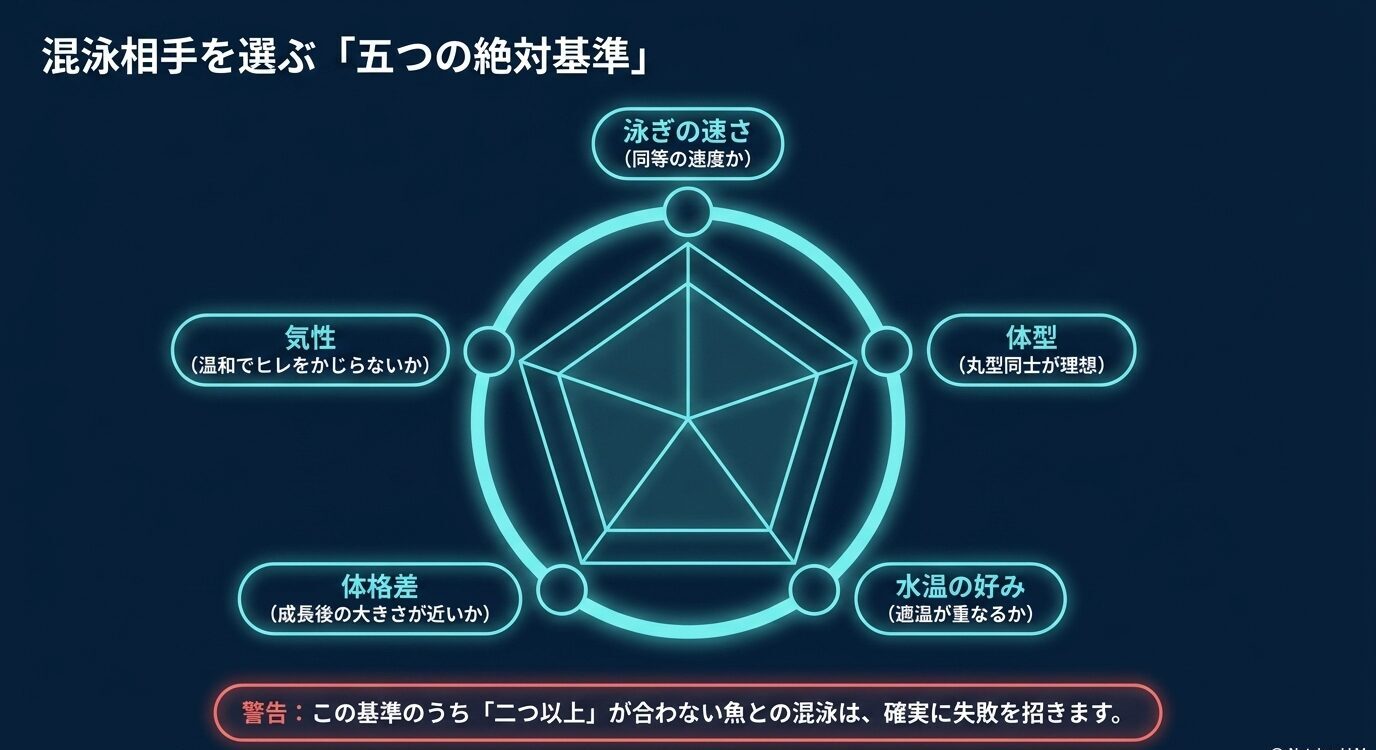 泳ぎの速さ、体型、水温の好み、体格差、気性から混泳相手を判断する基準を示した図