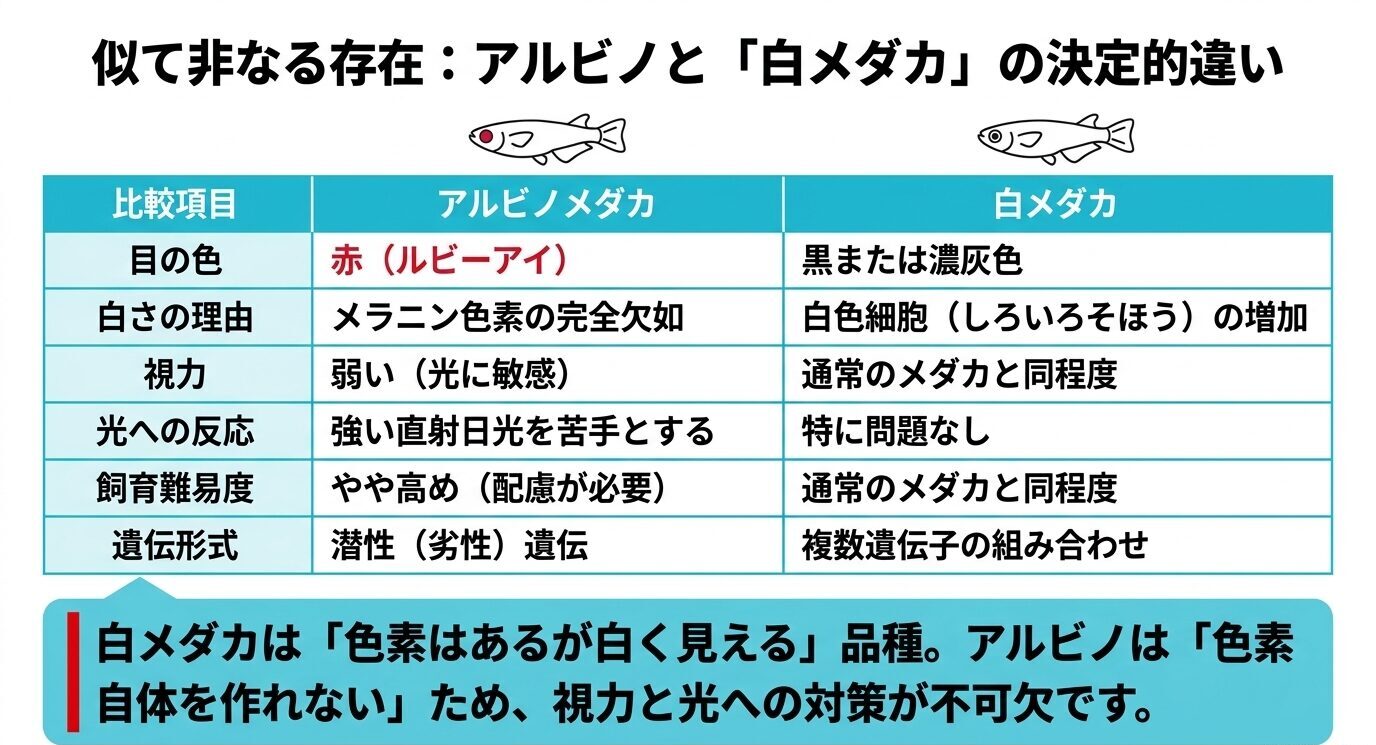 目の色、白さの理由、視力、光への反応、飼育難易度、遺伝形式からアルビノメダカと白メダカを比較した表