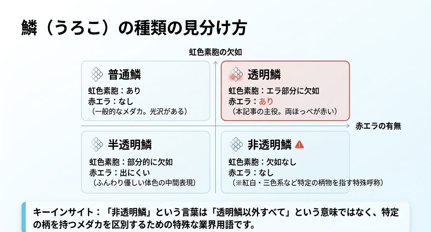普通鱗、透明鱗、半透明鱗、非透明鱗の違いを赤エラの有無と虹色素胞の欠如で整理した図