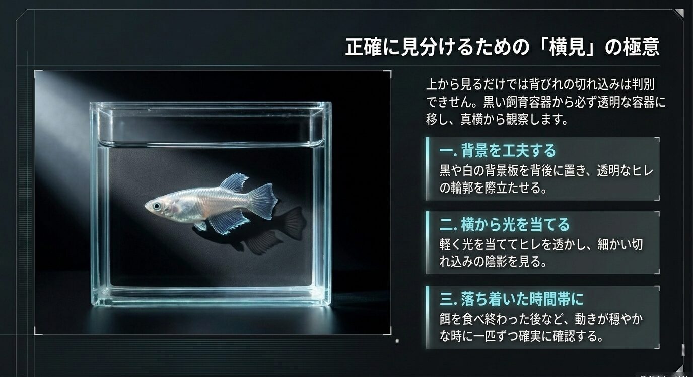 透明な観察容器を使い、背景や光の当て方を工夫してヒカリメダカを横見で確認する方法を示したスライド