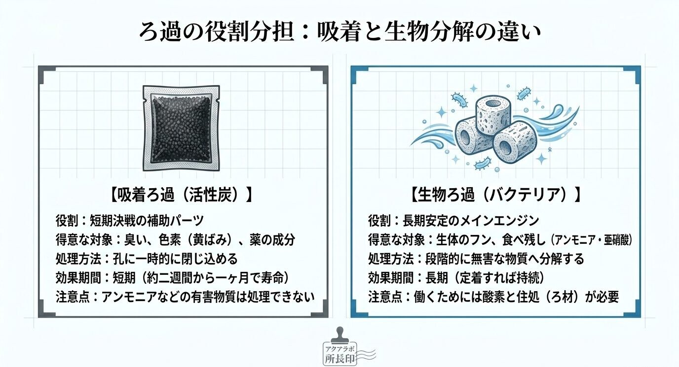活性炭は臭いや黄ばみを短期間吸着し、バクテリアはアンモニアなどを長期的に分解するという役割の違いを比較した図