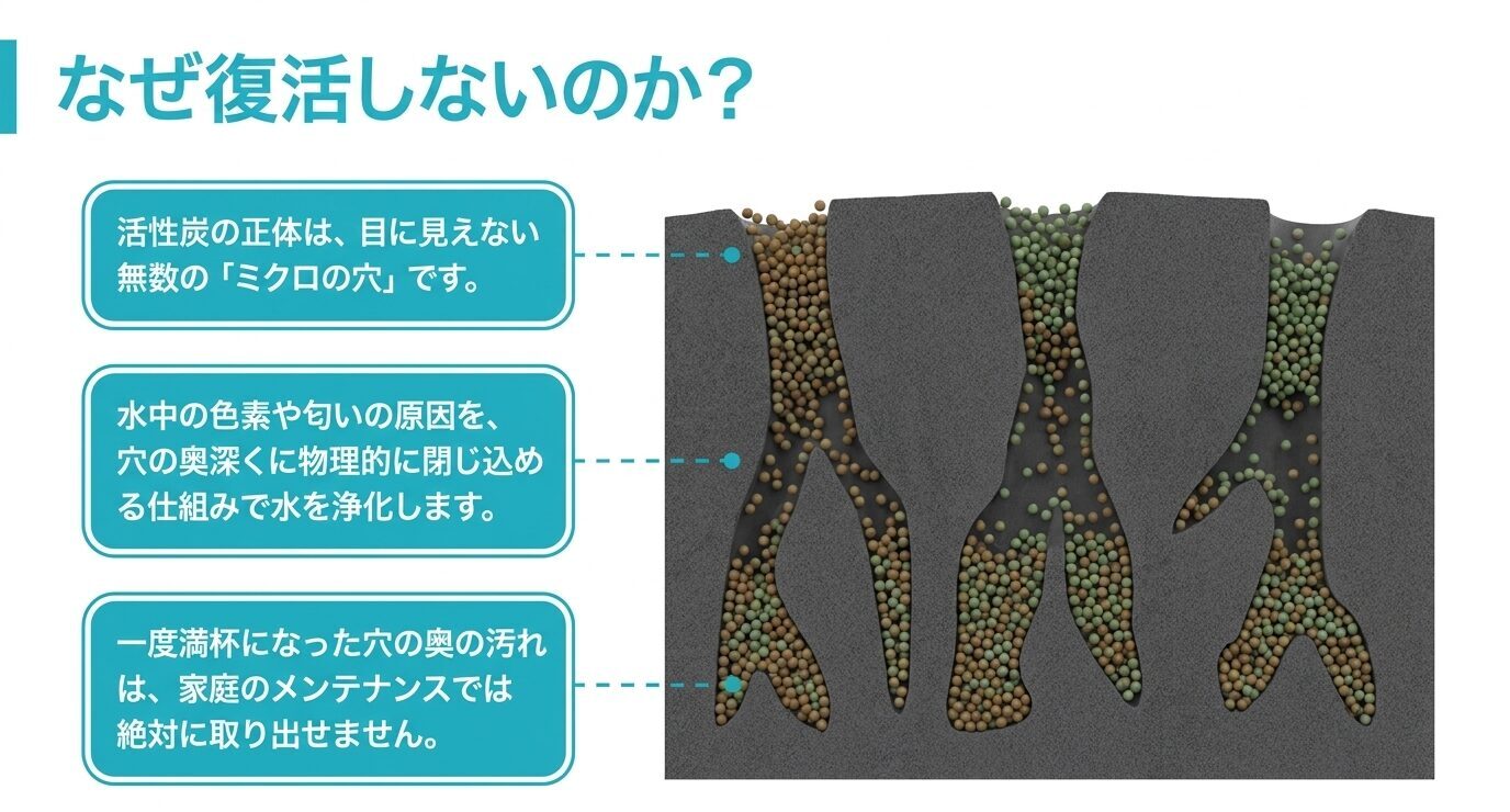 活性炭内部のミクロの穴に色素や匂いの原因が詰まり、家庭のメンテナンスでは取り出せないことを示す断面図