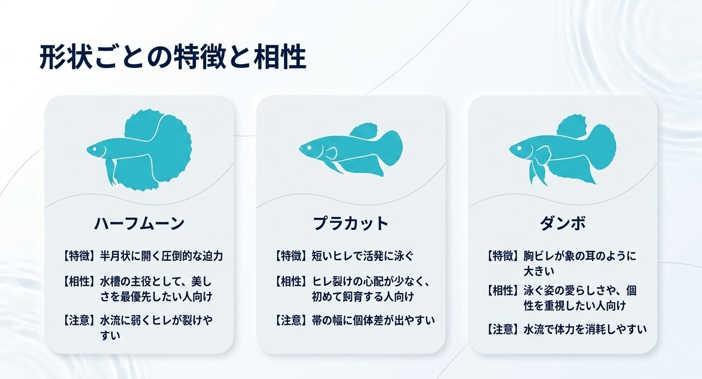 ハーフムーン、プラカット、ダンボの3種類について、特徴・相性・注意点を比較したスライド