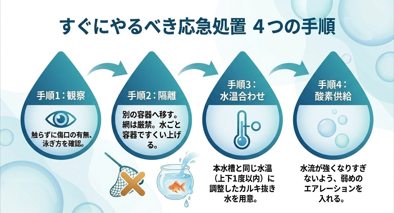 水泡眼の水泡が破れた直後に、触らず観察し、別容器へ隔離し、本水槽と同じ水温のカルキ抜き水を用意し、弱いエアレーションで酸素供給する手順を示した図
