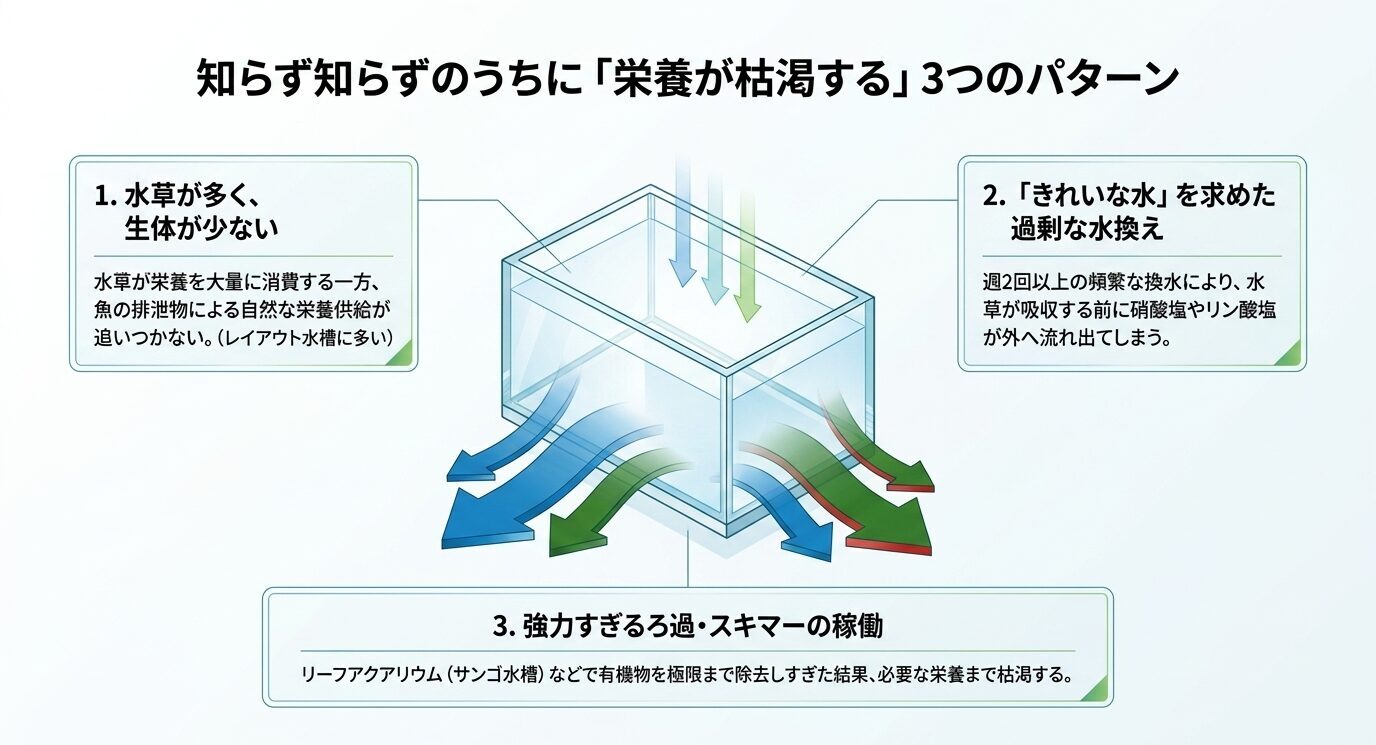 水草が多く生体が少ない水槽、過剰な換水、強力すぎるろ過やスキマー稼働によって水槽内の栄養が枯渇する流れを示した図
