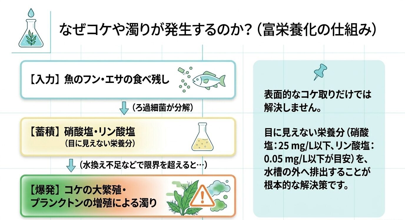 魚のフンやエサの食べ残しが分解され、硝酸塩やリン酸塩が蓄積し、コケやプランクトンの増殖による濁りにつながる流れを示した図