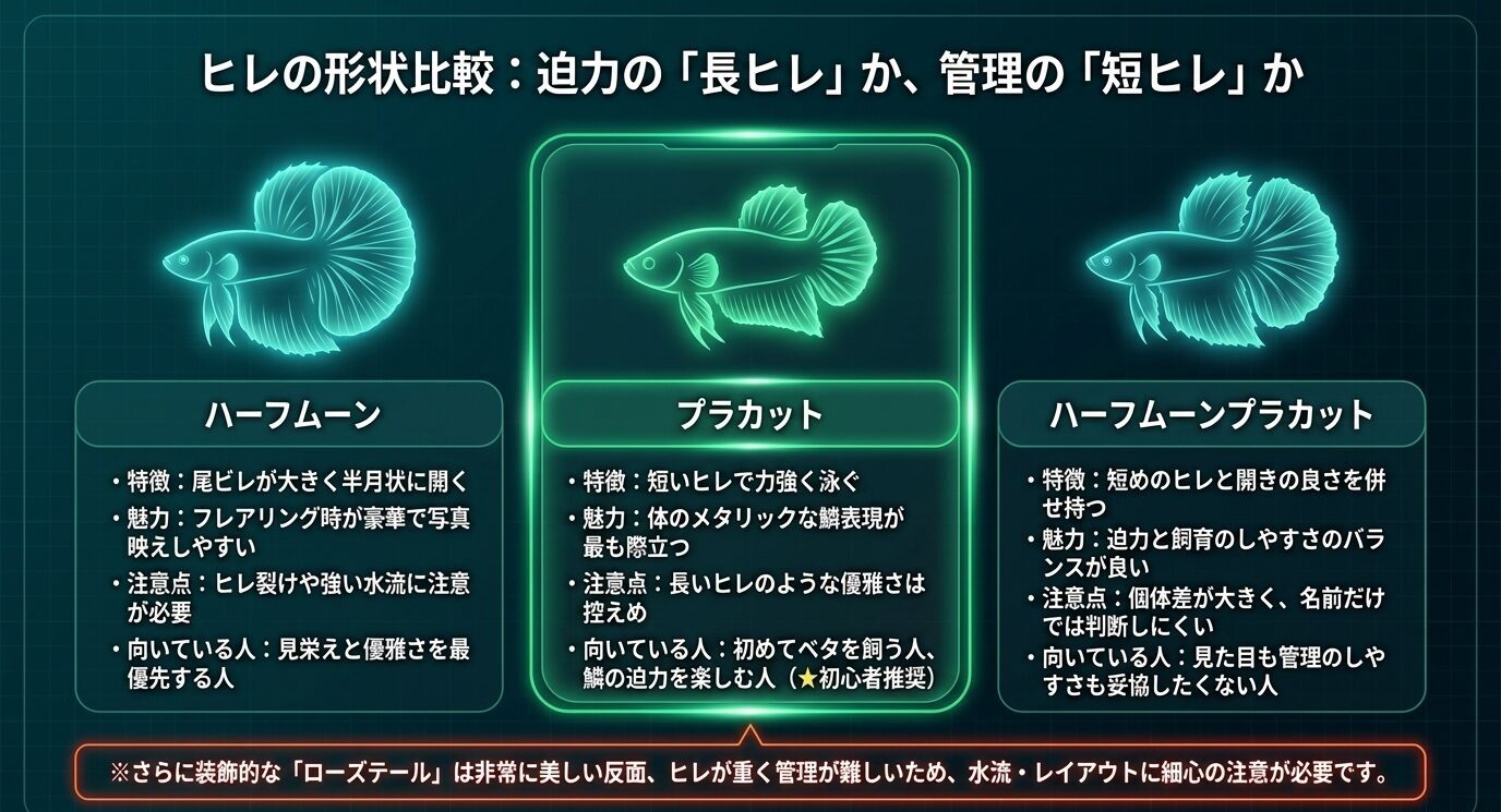 ハーフムーン、プラカット、ハーフムーンプラカットの特徴と向いている人を比較したベタのヒレ型解説図