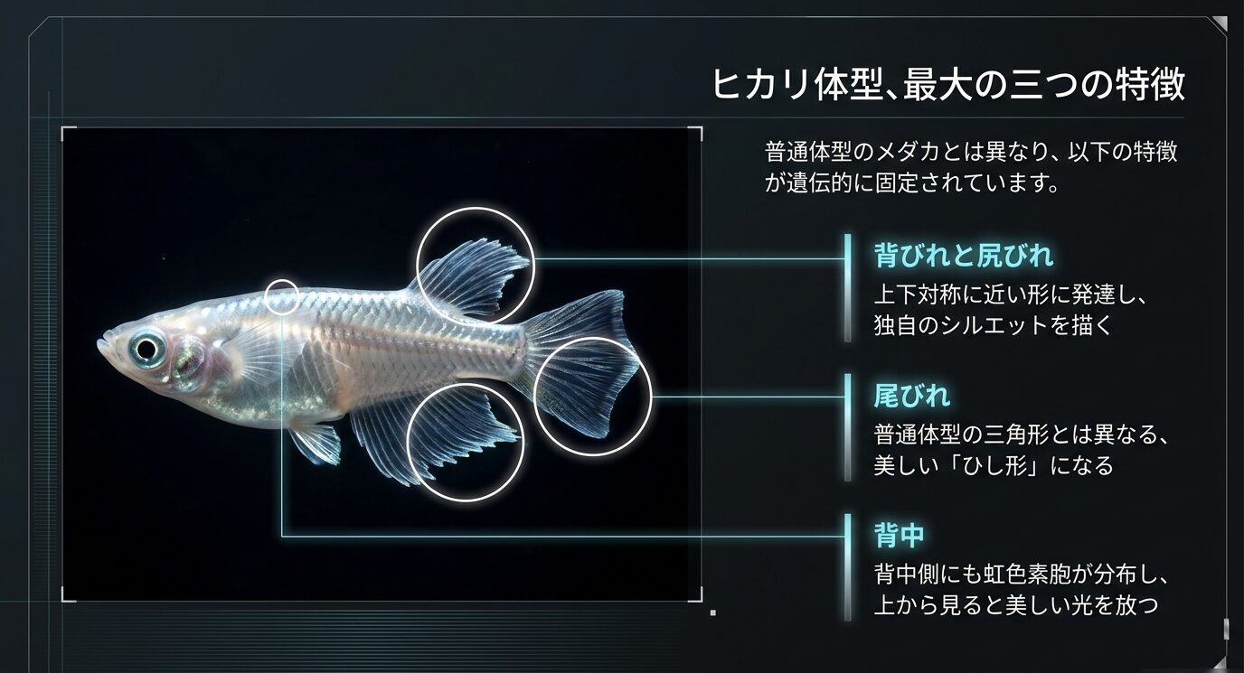 ヒカリメダカの背びれと尻びれ、ひし形の尾びれ、背中の光の特徴を示したスライド