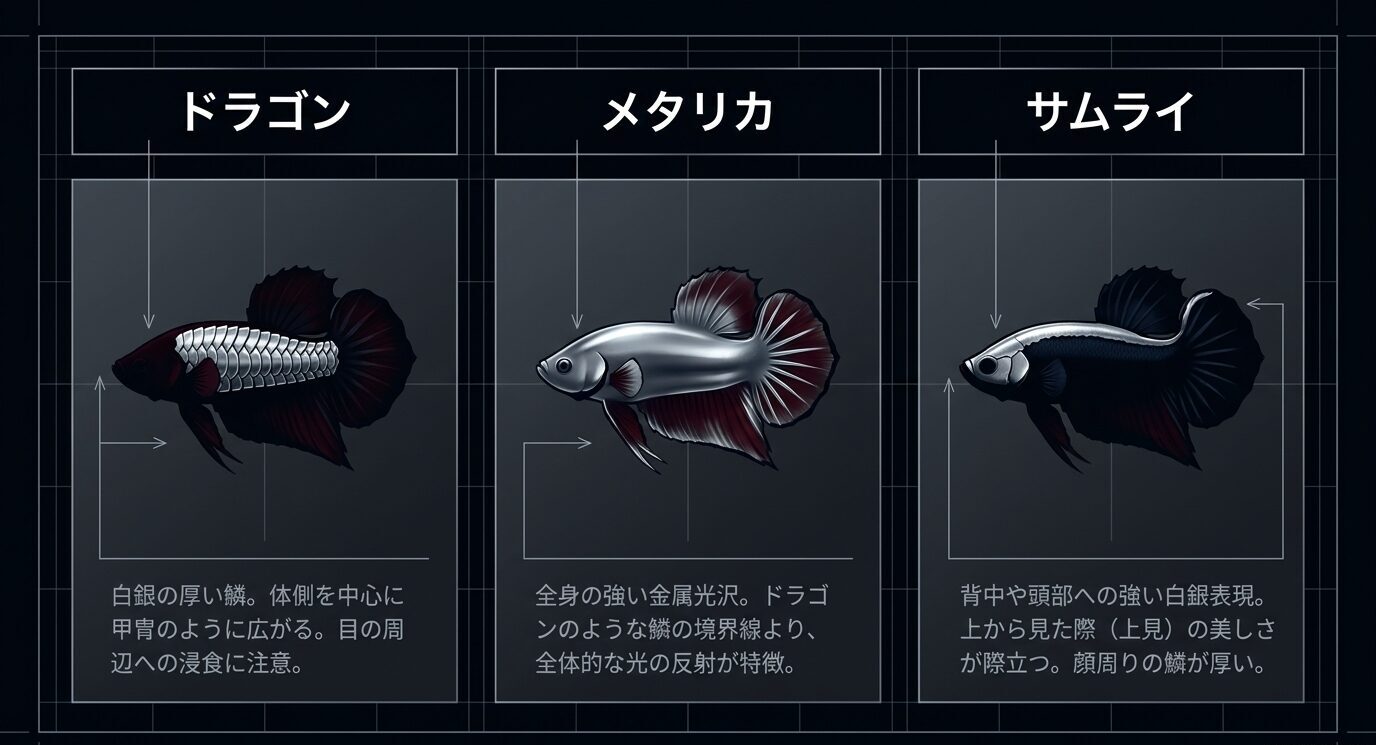 ドラゴン、メタリカ、サムライの体表表現や光沢の違いを3種類並べて比較した図