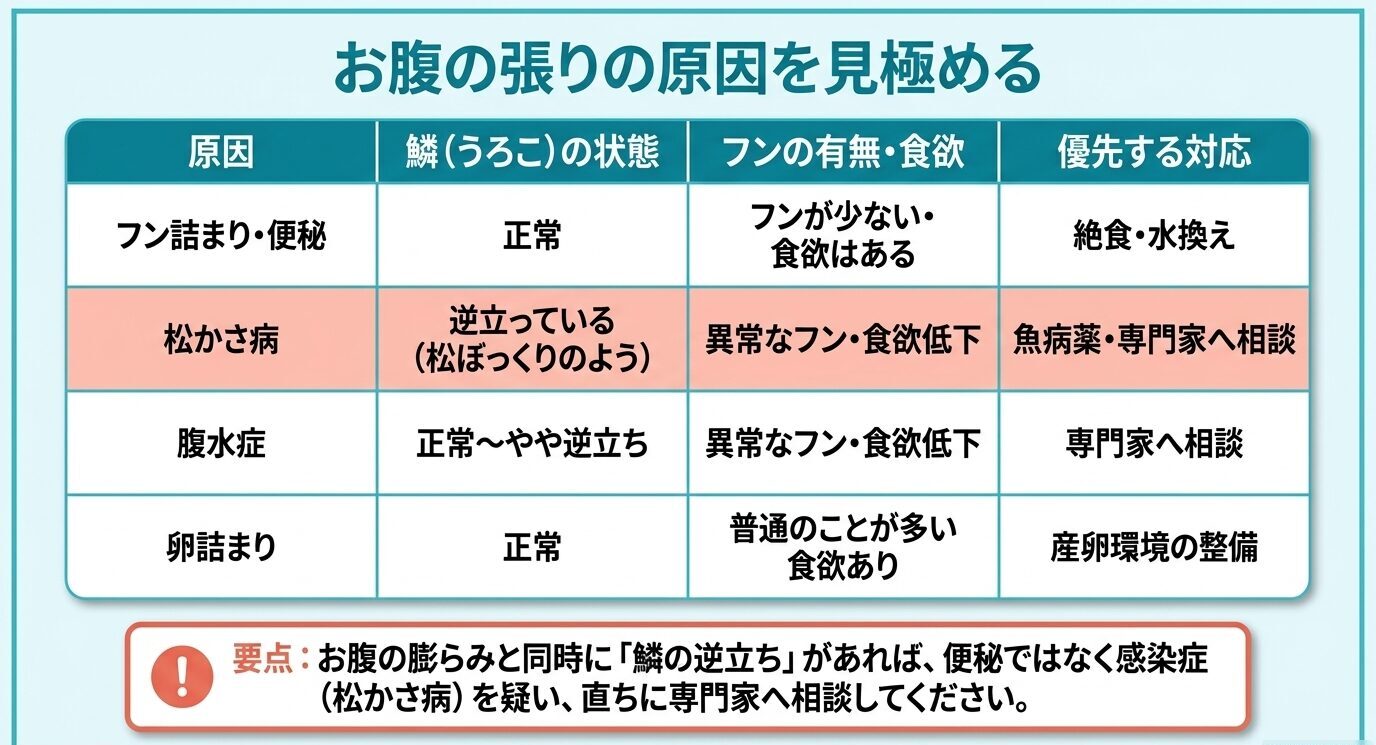 金魚のお腹の張りについて、フン詰まり、松かさ病、腹水症、卵詰まりを鱗の状態や食欲、優先対応で比較した表
