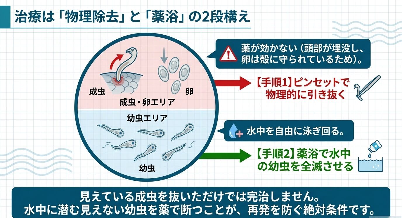 見えている成虫はピンセットで除去し、水中を泳ぐ幼虫は薬浴で駆除する流れを示した図