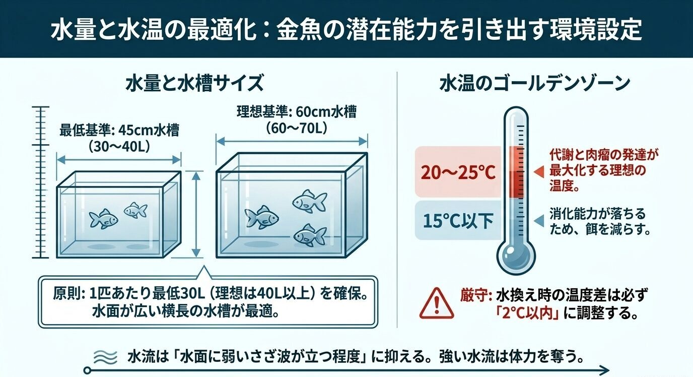 丹頂金魚には1匹あたり最低30L以上の水量と20〜25℃前後の安定した水温が重要であることを示した図