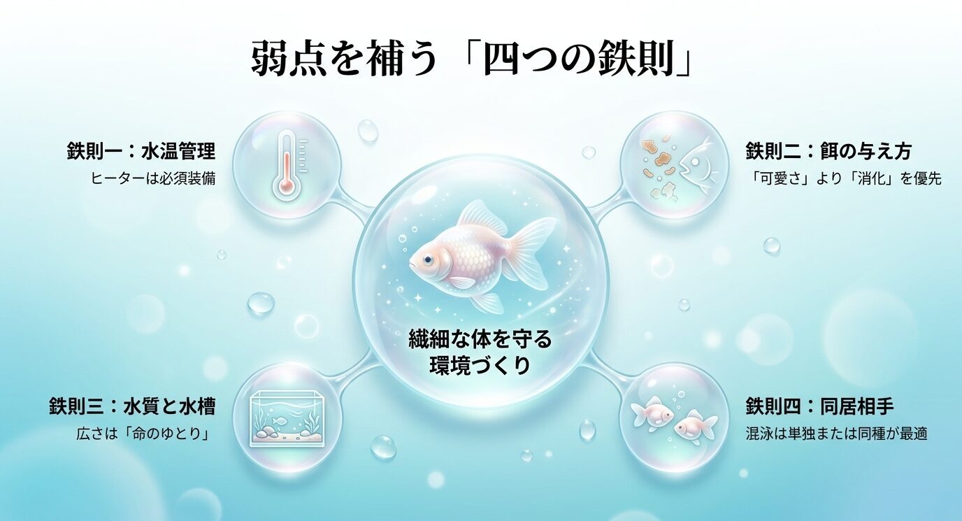 ピンポンパールの弱点を補うための水温管理、餌の与え方、水質と水槽、同居相手の四つの鉄則を示すスライド