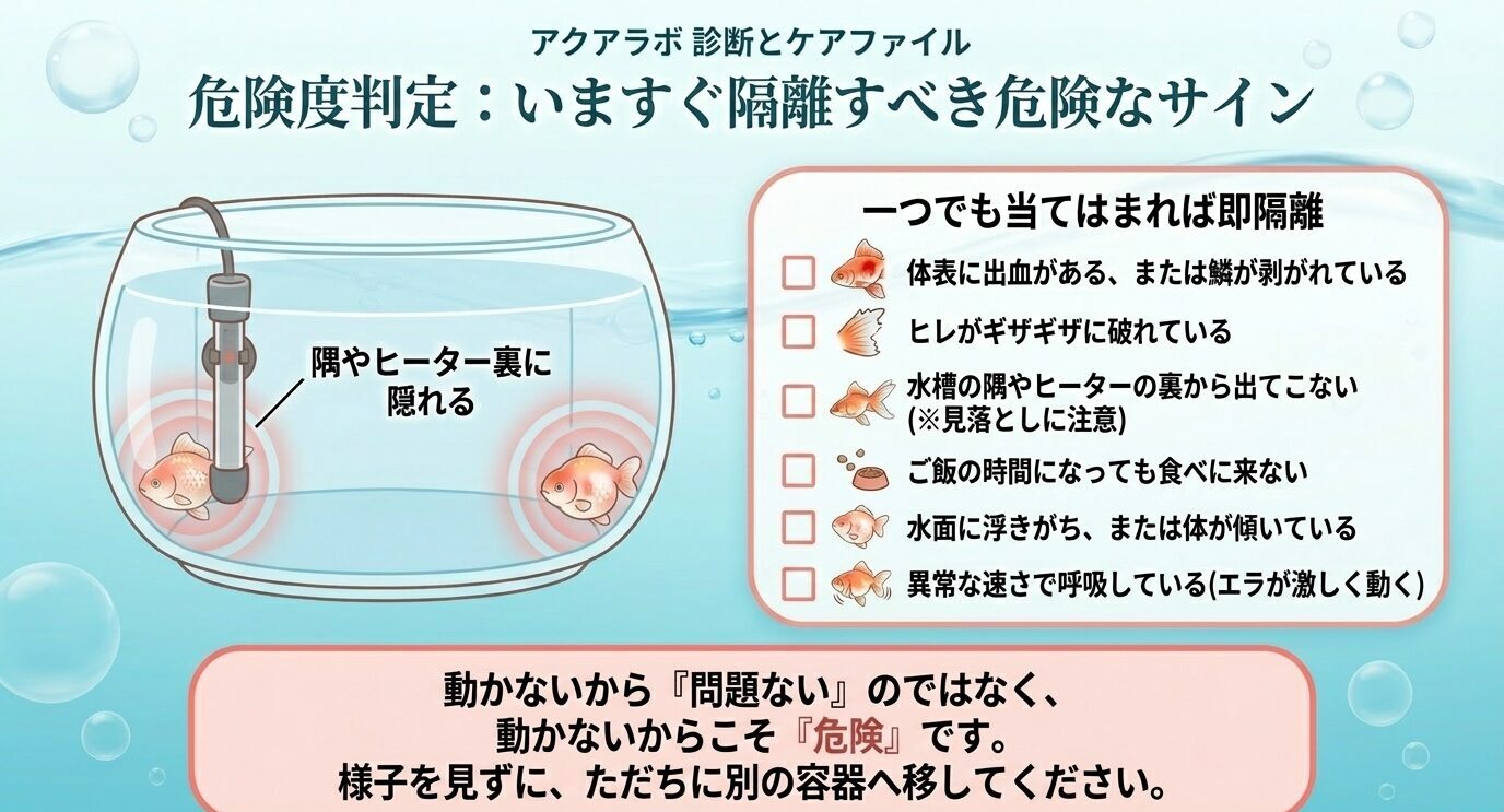 体表の出血、鱗の剥がれ、ヒレ破れ、隠れる、食欲低下、傾き、呼吸異常など隔離が必要なサインを示すチェックリスト