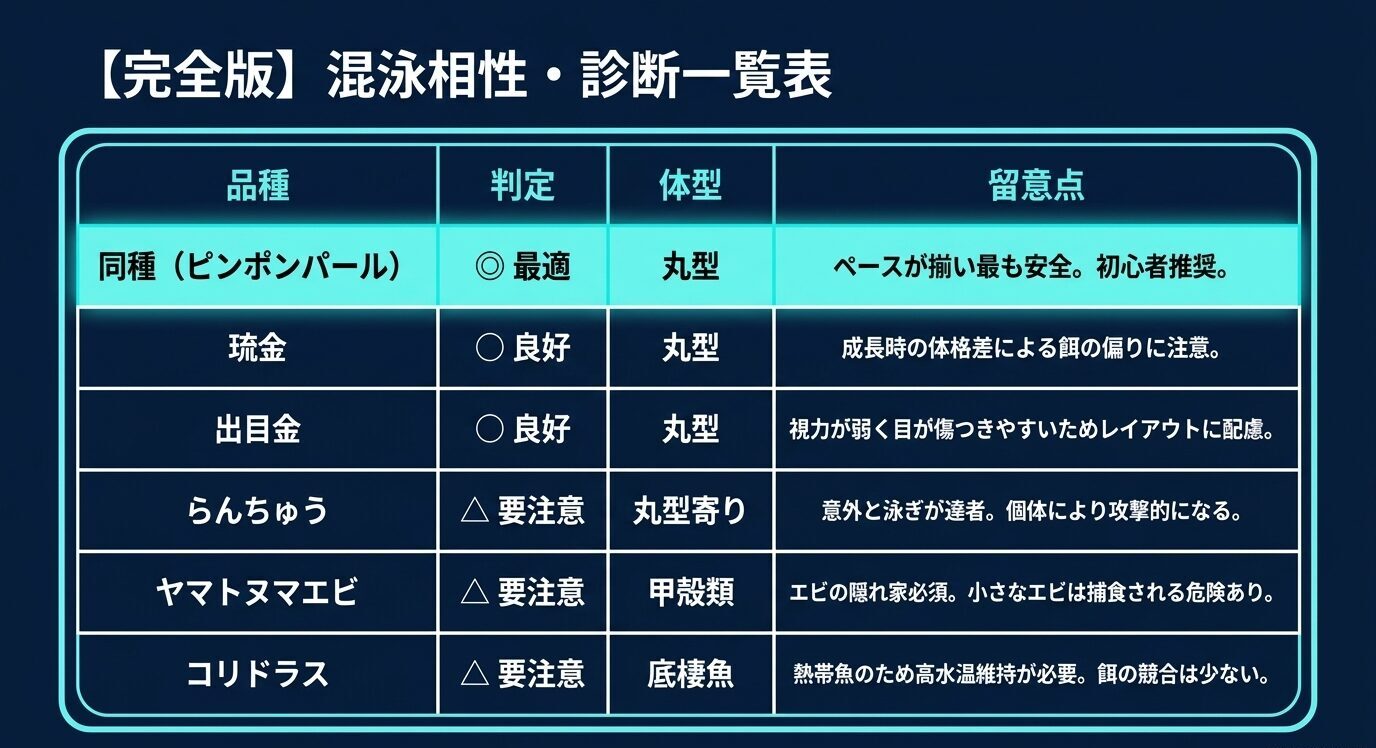 ピンポンパール、琉金、出目金、らんちゅう、ヤマトヌマエビ、コリドラスの混泳相性と注意点をまとめた表