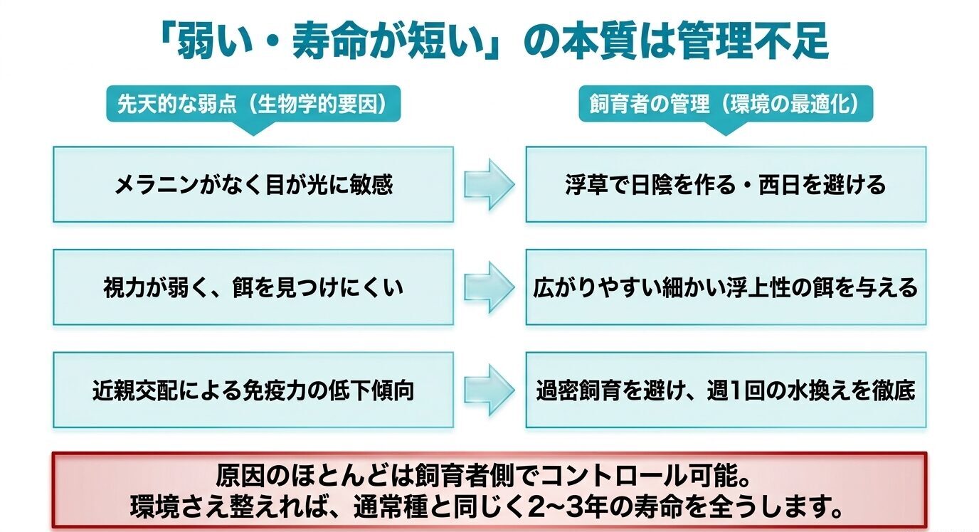アルビノメダカの先天的な弱点と、日陰作り・細かい餌・水換えなど飼育管理でできる対策を示した図