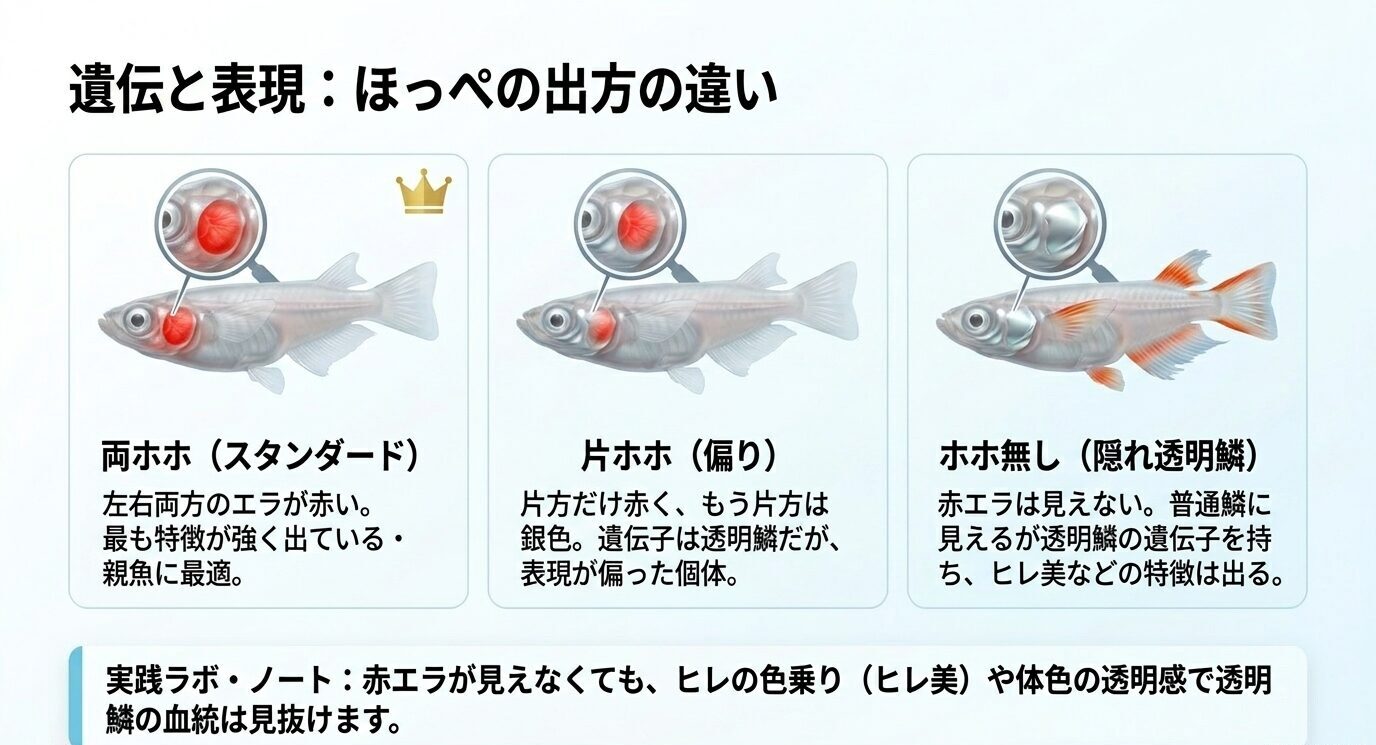 両ホホ、片ホホ、ホホ無し透明鱗の違いを比較し、赤エラの出方を説明した図