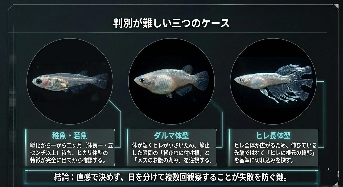 稚魚や若魚、ダルマ体型、ヒレ長体型など、ヒカリメダカの雌雄判別が難しいケースをまとめたスライド