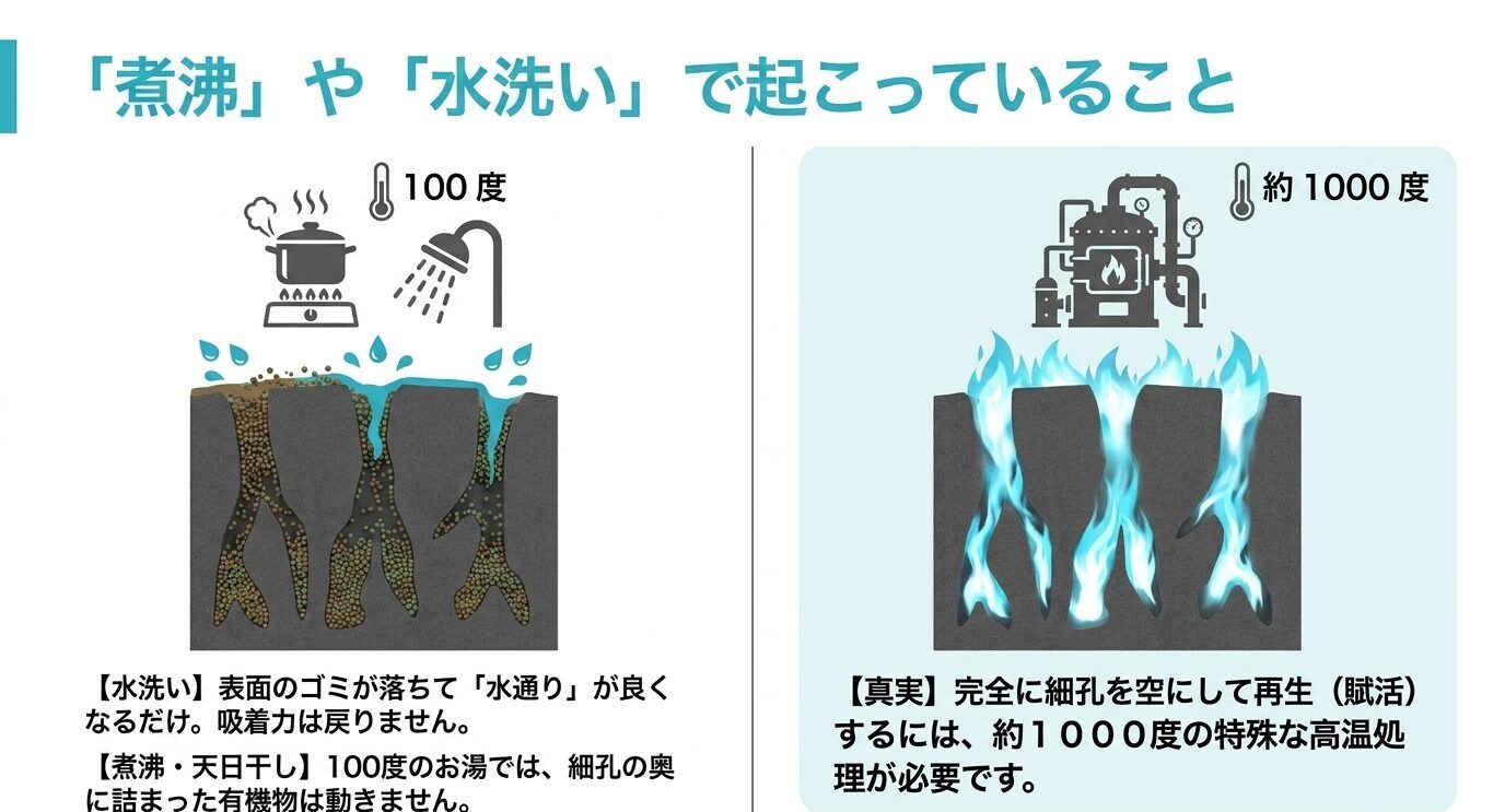 100度の煮沸や水洗いでは表面汚れしか落ちず、細孔を再生するには約1000度の特殊処理が必要であることを示す図