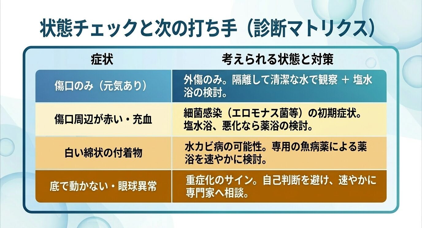 水泡眼の水泡破れ後に、傷口のみ、赤みや充血、白い綿状の付着物、底で動かない状態や眼球異常ごとに考えられる状態と対策を整理した診断マトリクス
