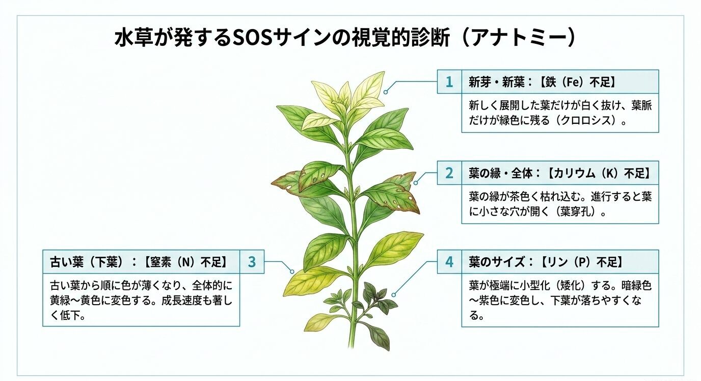 水草の新芽、下葉、葉の縁、葉のサイズに現れる鉄・窒素・カリウム・リン不足の症状を示した診断図