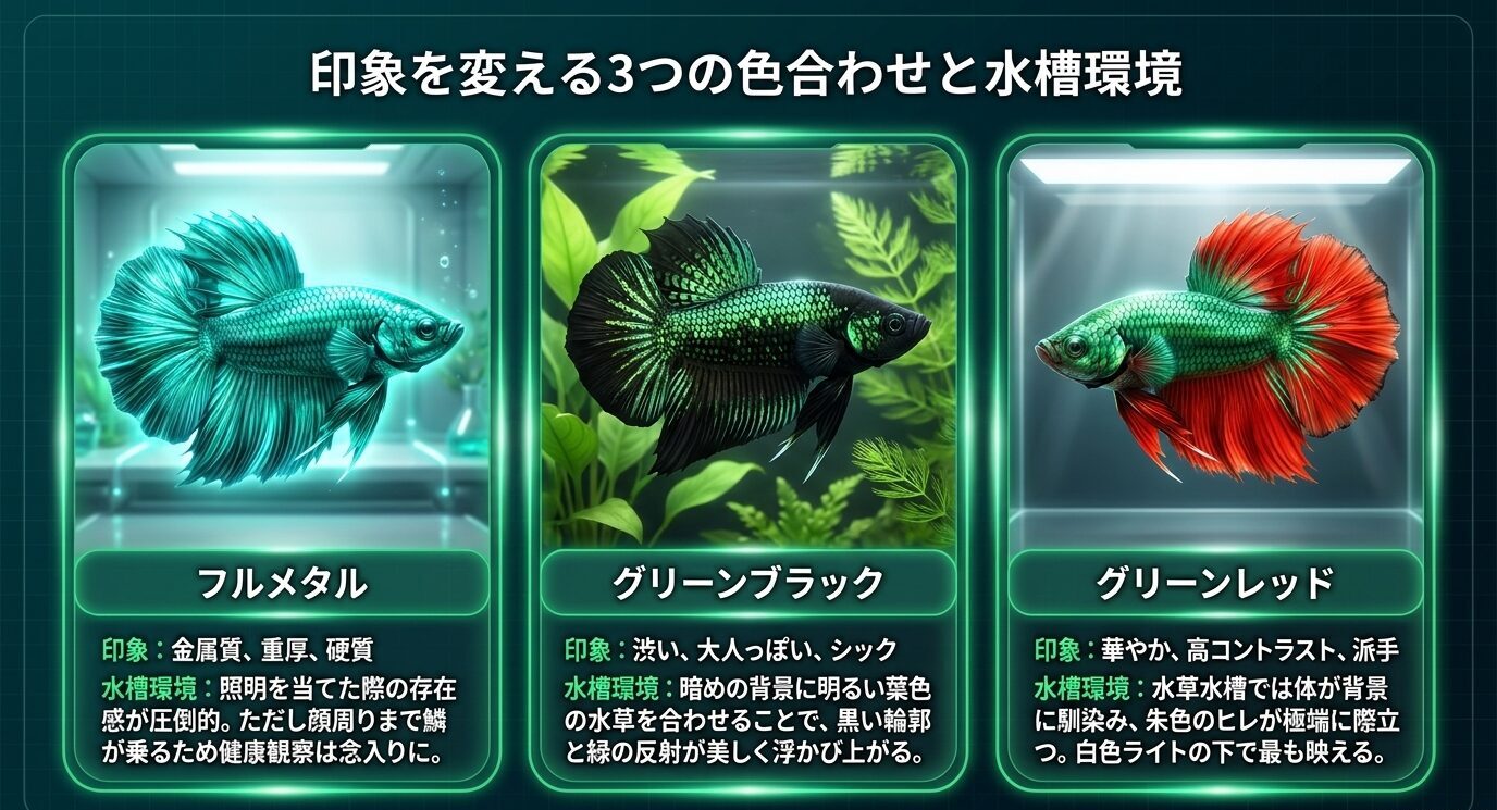 フルメタル、グリーンブラック、グリーンレッドのベタを並べ、水槽環境による見え方の違いを説明した比較画像