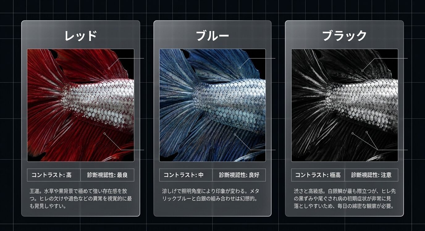 レッド、ブルー、ブラックのドラゴンベタのヒレ色と白銀の鱗表現を比較した画像