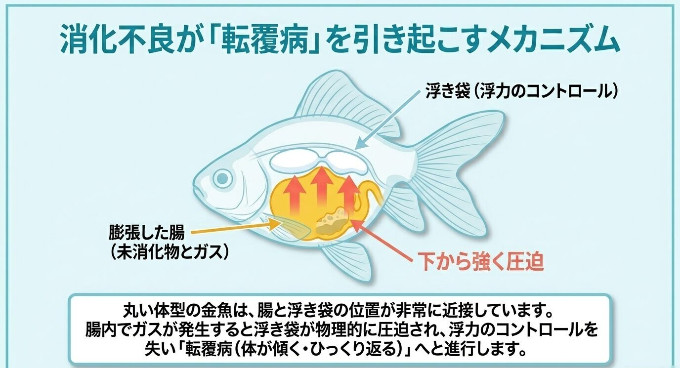 膨張した腸が金魚の浮き袋を下から圧迫し、浮力のコントロールを乱す仕組みを示した図