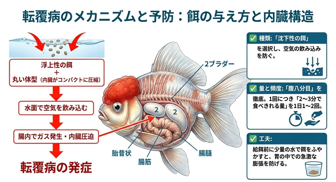 浮上性の餌で空気を飲み込むことが腸内ガスや内臓圧迫につながり、転覆病の原因になる流れを示した図