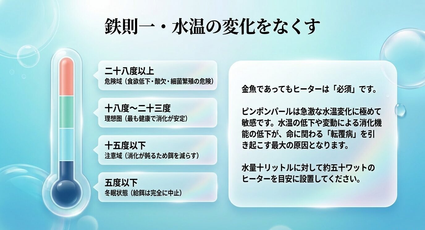 ピンポンパールに適した水温帯と高水温・低水温のリスク、ヒーター管理の重要性を示すスライド