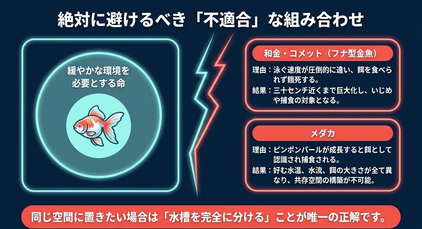 ピンポンパールとの混泳で避けるべき和金・コメット、メダカとの組み合わせ理由を示した図