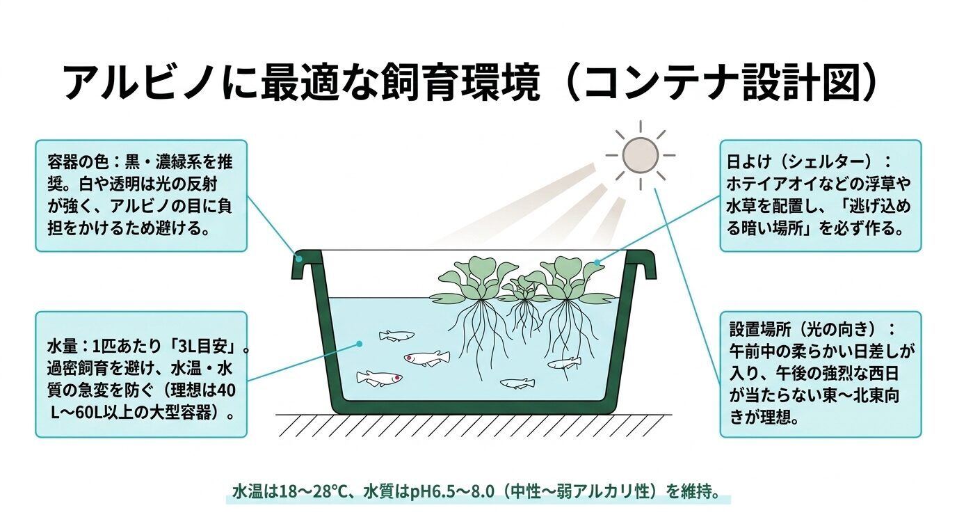 黒や濃緑の容器、浮草による日陰、水量、設置場所、水温と水質の目安を示したアルビノメダカ用コンテナ設計図