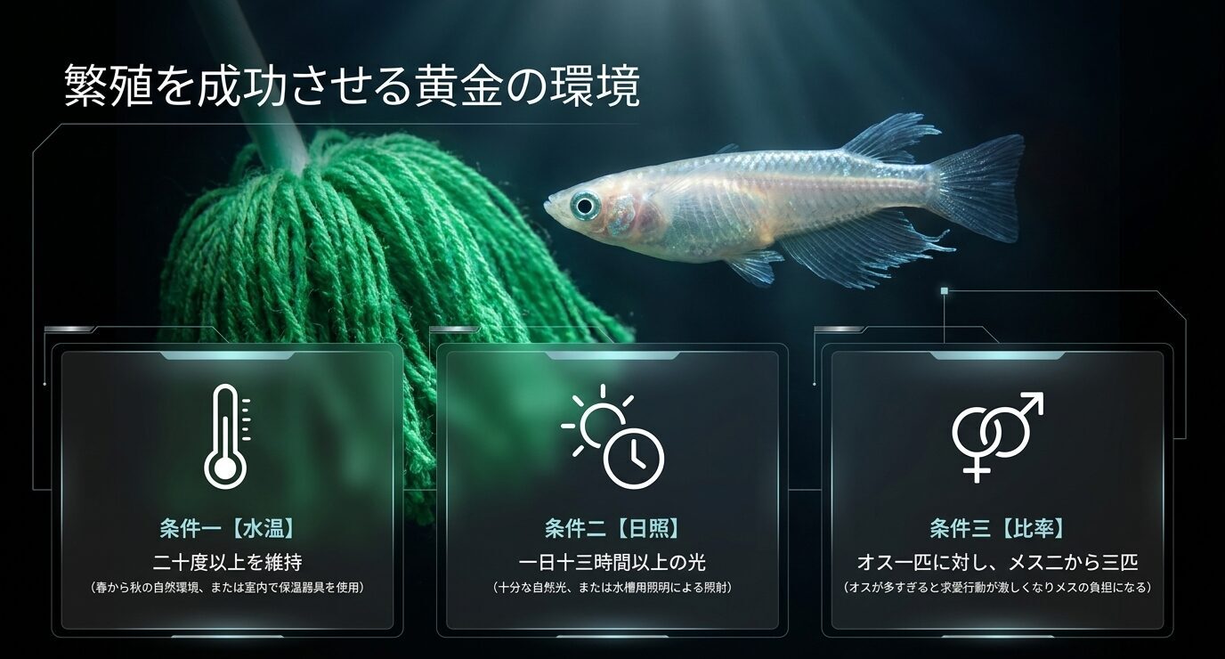 ヒカリメダカの繁殖に必要な水温、日照時間、オスとメスの比率を示したスライド