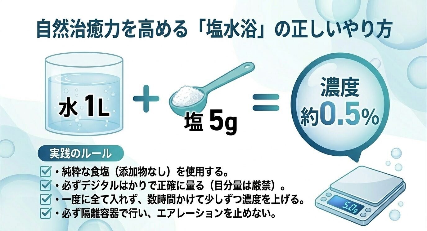 水1Lに対して塩5gを溶かすと約0.5%の塩浴濃度になること、添加物のない食塩をデジタルはかりで正確に量り、隔離容器で少しずつ濃度を上げることを示した図