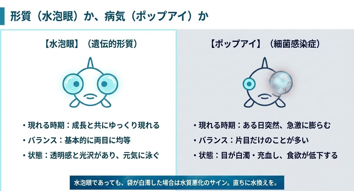 水泡眼は成長とともに両目へ均等に現れる遺伝的形質で、ポップアイは片目が急に腫れ白濁や食欲低下を伴う病気であることを比較した図。