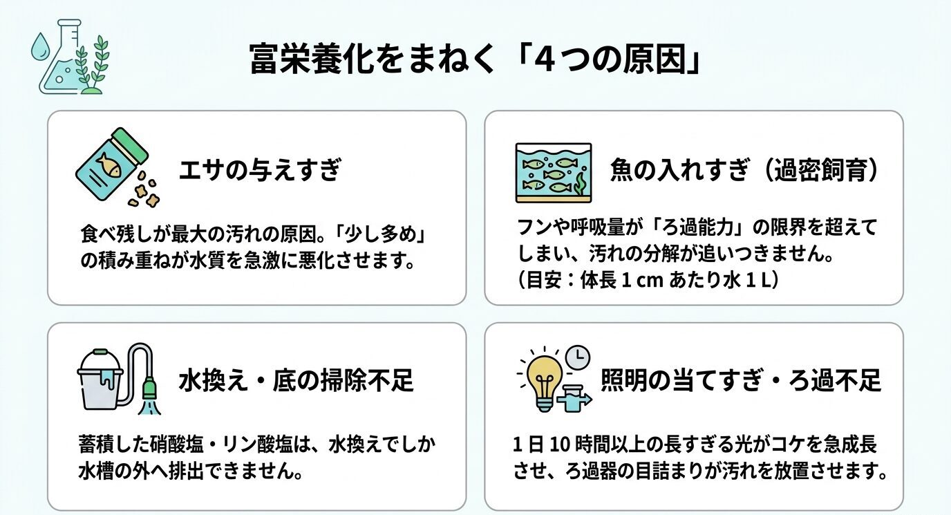 エサの与えすぎ、魚の入れすぎ、水換えと底掃除不足、照明の当てすぎやろ過不足が富栄養化の原因になることを4項目で整理した図