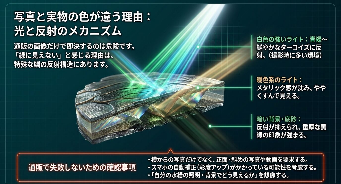 グリーンドラゴンの鱗が白色ライト、暖色ライト、暗い背景で異なる色に見える仕組みを説明した図
