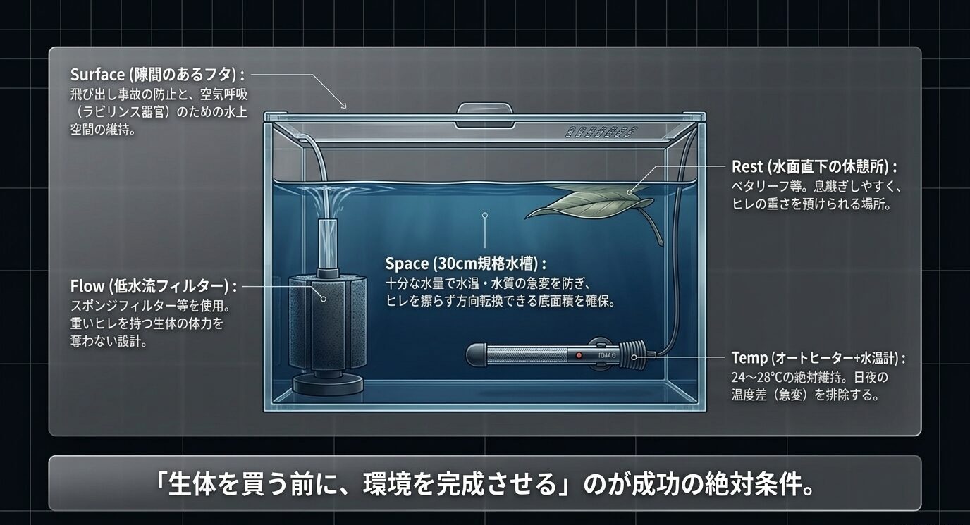ロングフィンドラゴンベタのための水槽、水面スペース、低水流フィルター、休憩場所、ヒーター配置を示した図