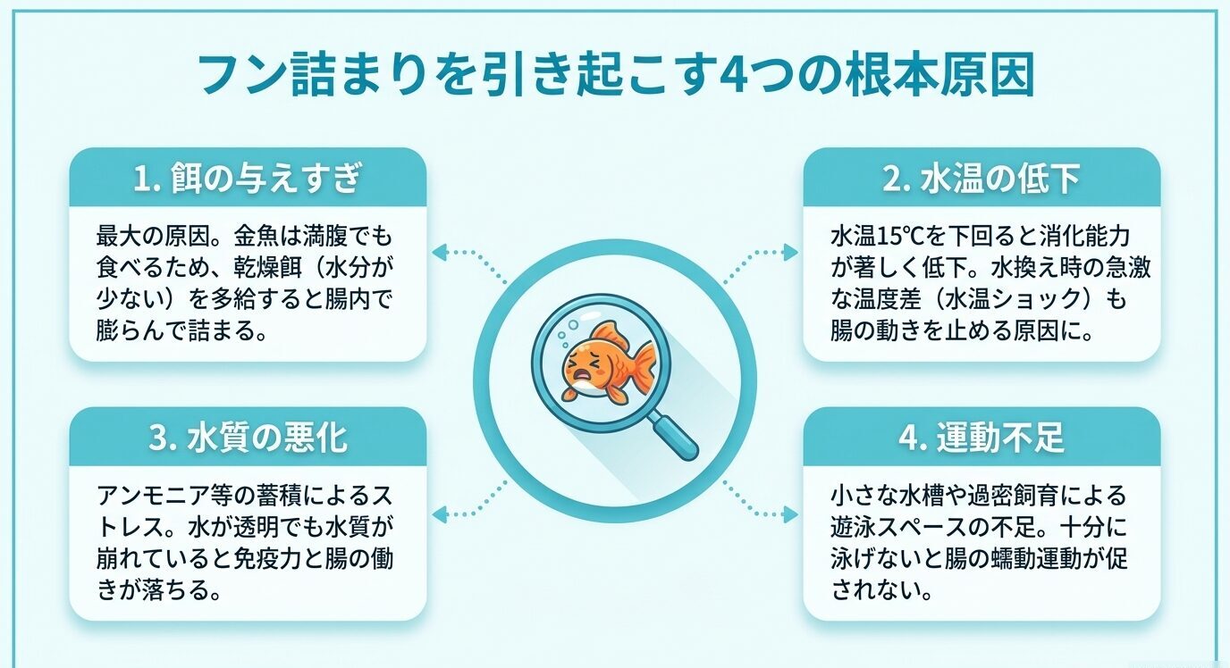 金魚のフン詰まりの根本原因として、餌の与えすぎ、水温の低下、水質の悪化、運動不足をまとめた図